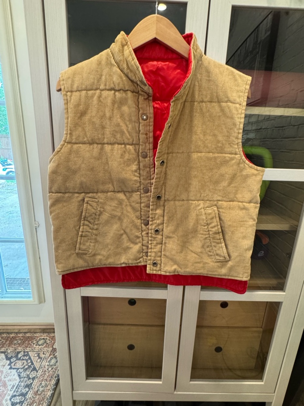 Reversible Red/Tan Quilted Puffer Vest with Button Front